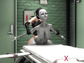 Female alien in a jail gets fucked hard by a hot dickgirl in a mask